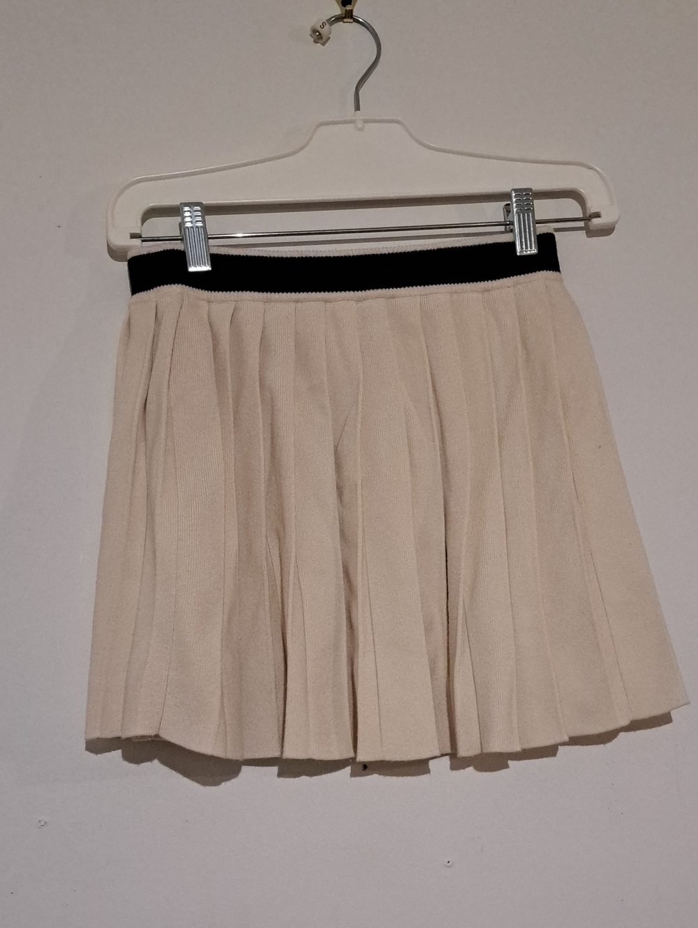 Cream Pleated Skater Mini Skirt with Black Waistband